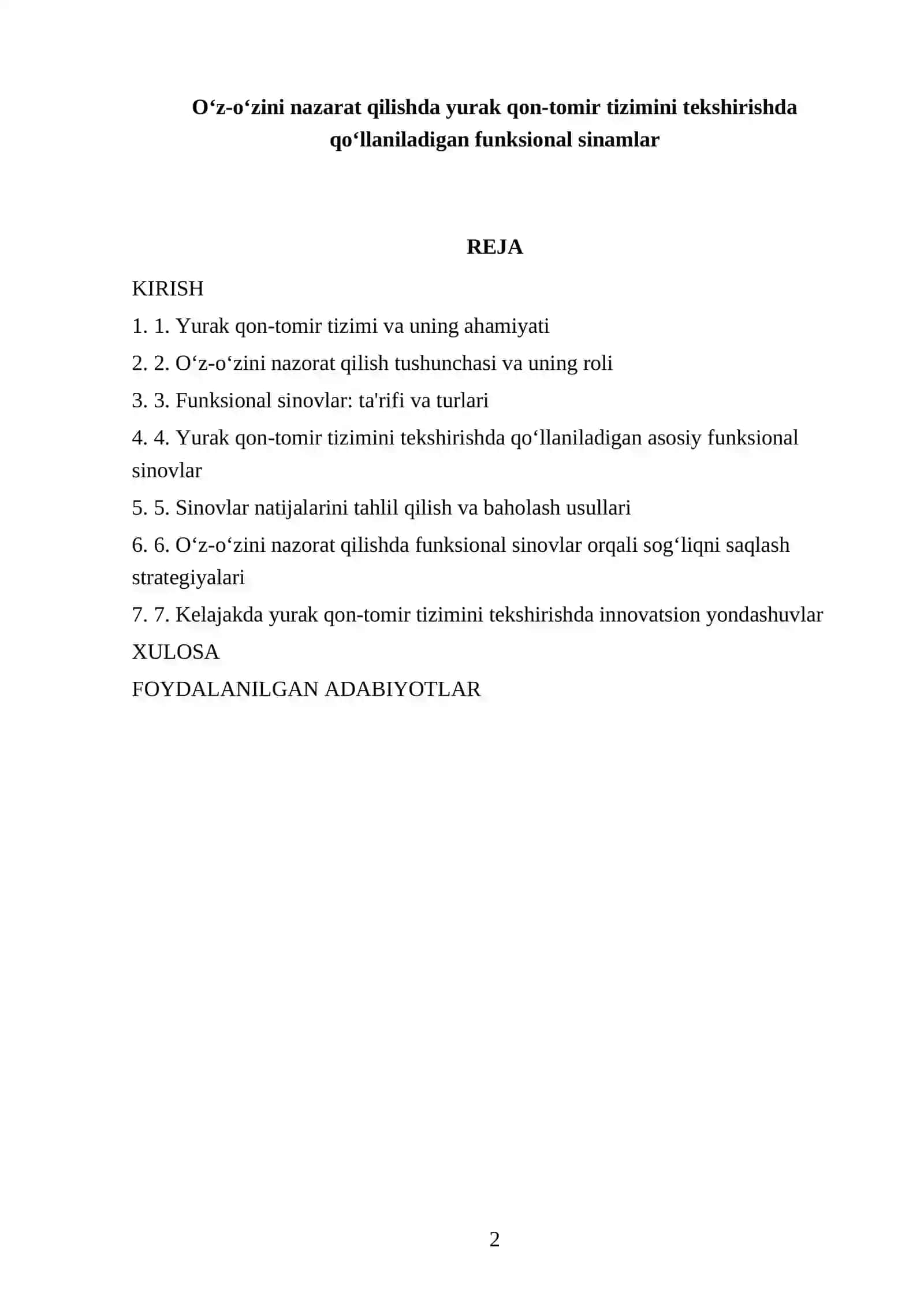 O‘z-o‘zini nazarat qilishda yurak qon-tomir tizimini tekshirishda qo‘llaniladigan funksional sinamlar 2