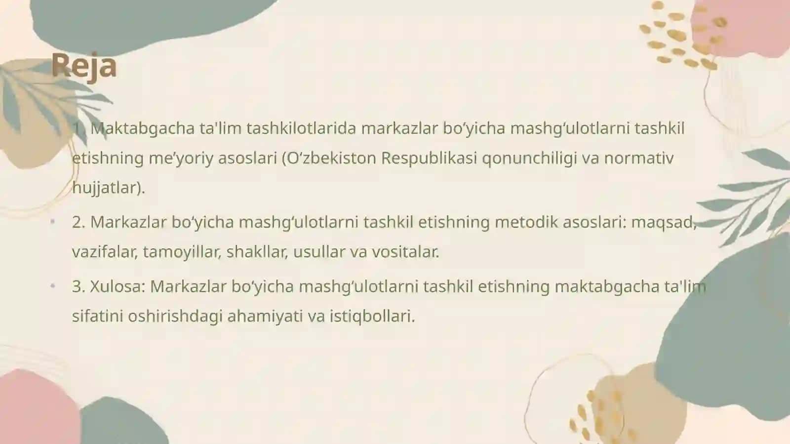 Markazlar bo‘yicha mashg‘ulotlarni tashkil etish 2