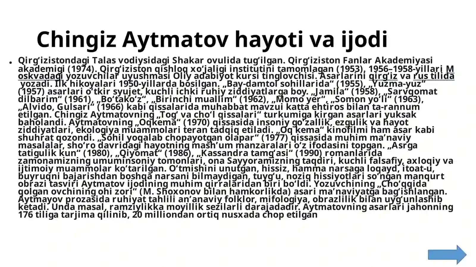 Chingiz Aytmatov hayoti va ijodi "Jamila" va "Alvido ey gulsari " asrlari tahlili 2