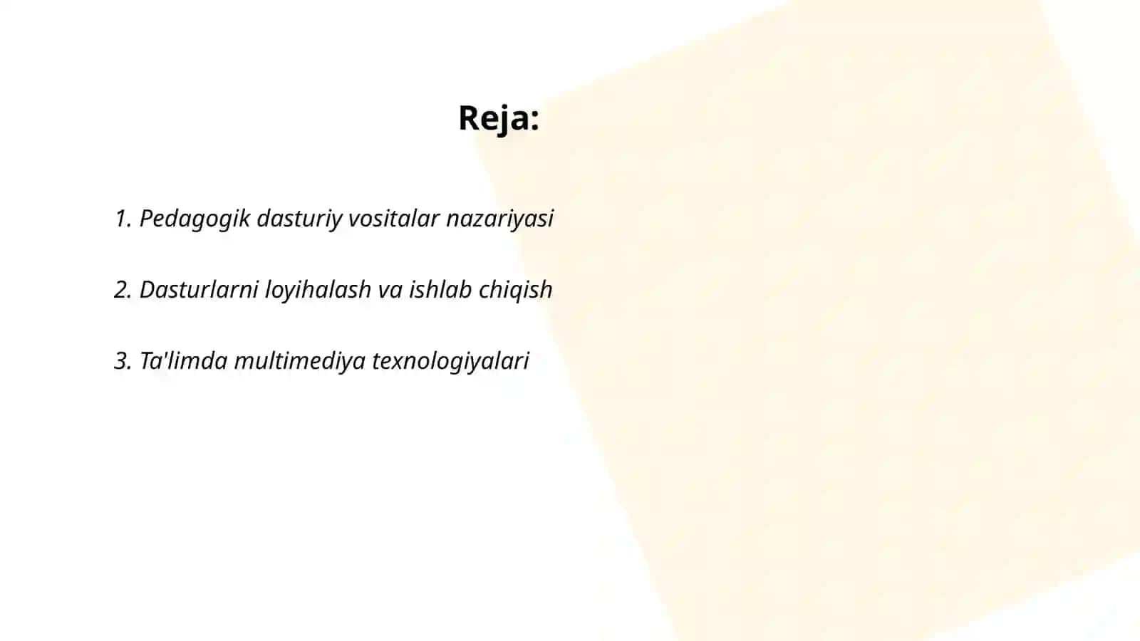 Namoyish qiluvchi dasturlarda pedagogik dasturiy vositalar bo'yicha test savollari 2