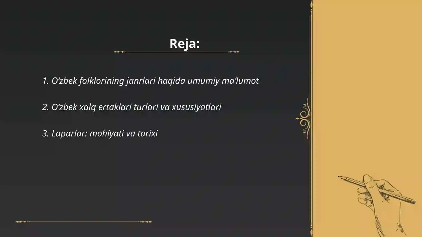Oʻzbek folklorining janrlar tizimi haqida material toʻplash va tahlil qilish 2