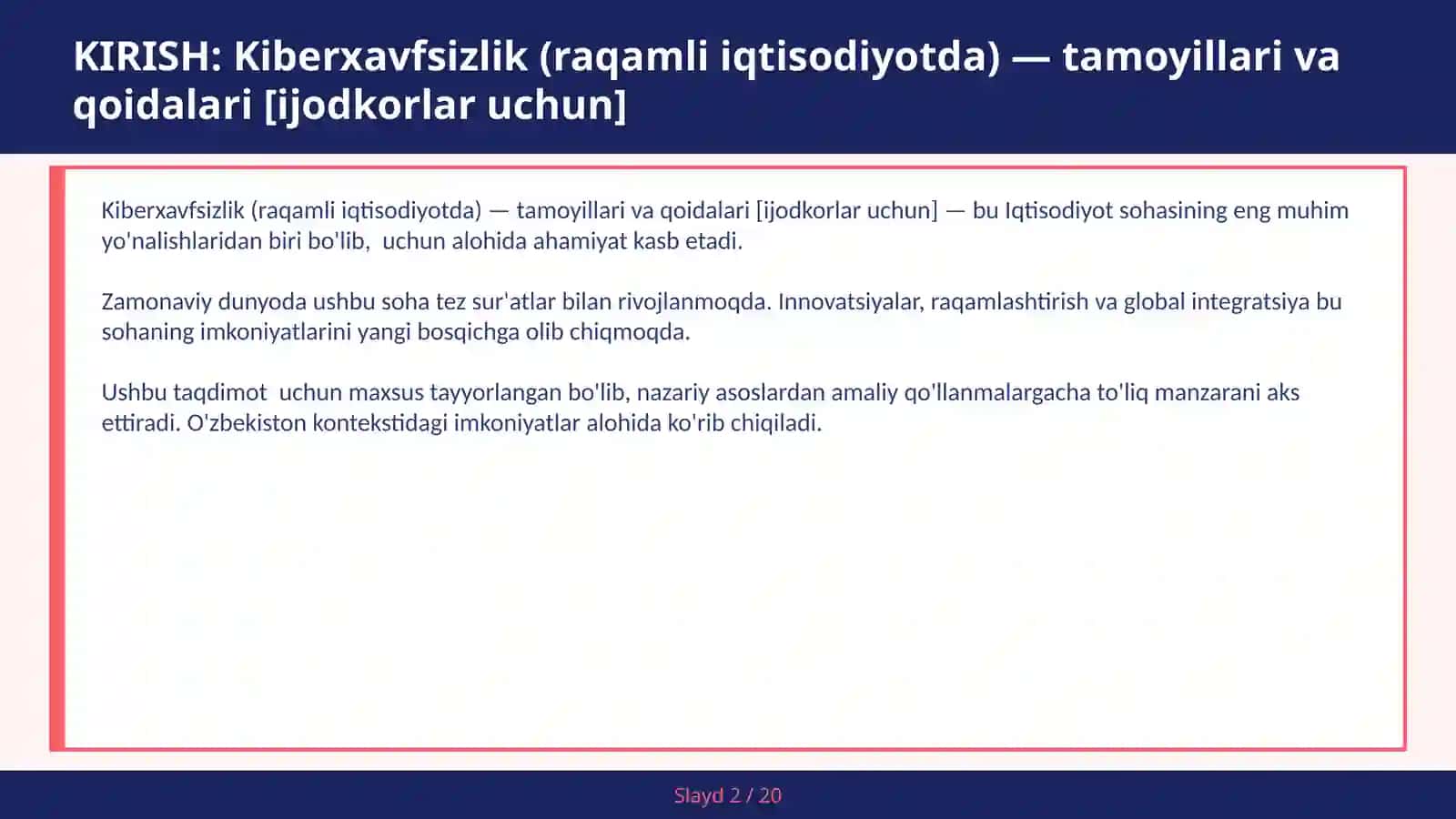 KIBERXAVFSIZLIK (RAQAMLI IQTISODIYOTDA) — TAMOYILLARI VA QOIDALARI [IJODKORLAR UCHUN] 2