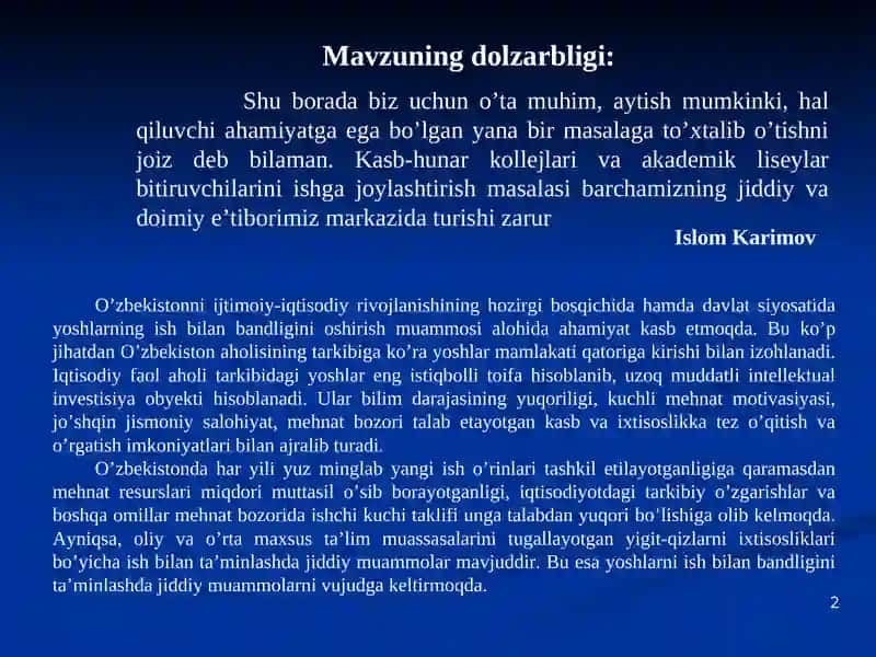 O'ZBEKISTONDA YOSHLARNING ISH BILAN BANDLIGINI OSHIRISHDA DAVLAT SIYOSATINING O’RNI 2