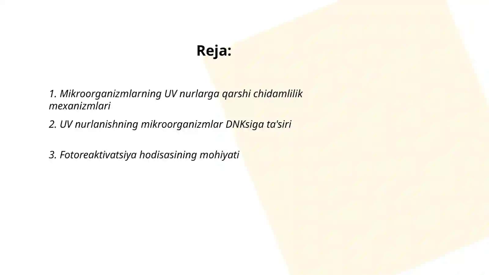 Mikroorganizimlarning Ultra binafsha nurlarga chidamliligi. Fotoreaktivatsiya hodisasi 2
