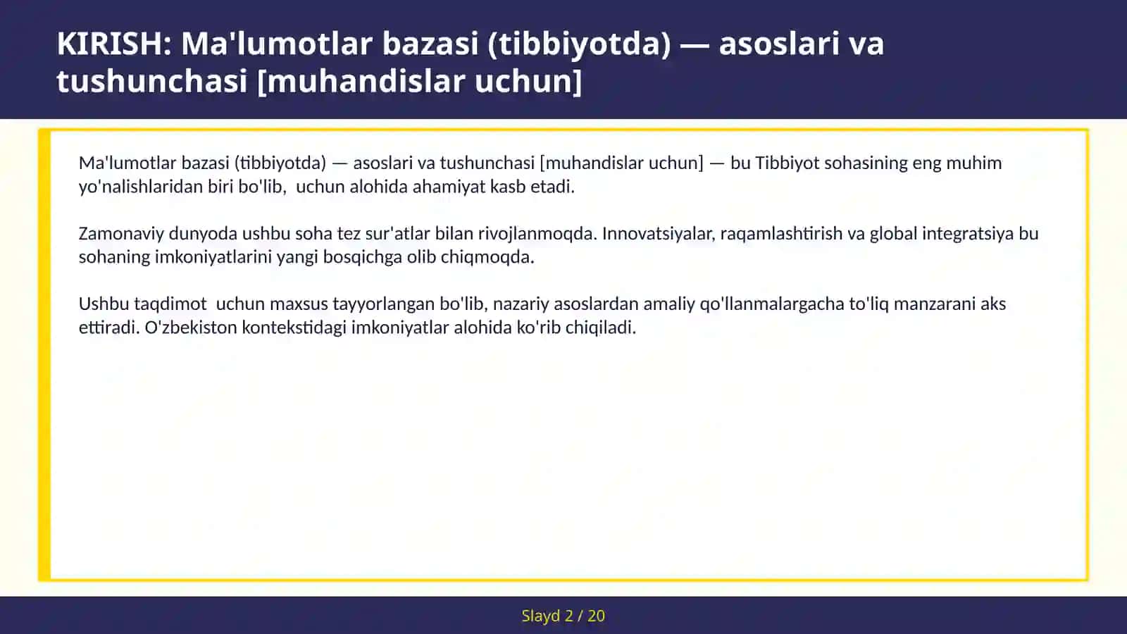 Ma'lumotlar bazasi (Tibbiyotda) — asoslari va tushunchasi [muhandislar uchun] 2