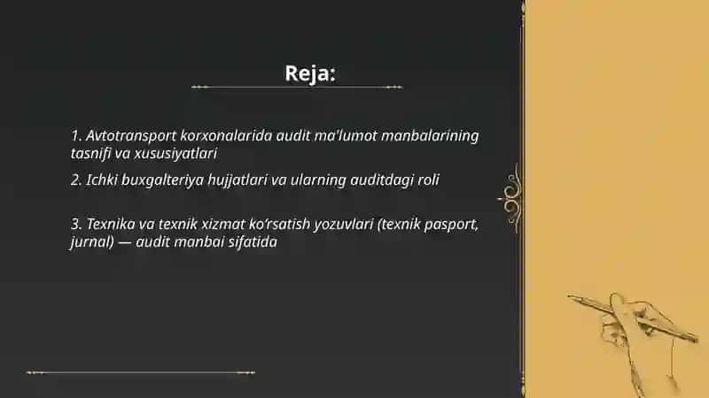 Avtotransport korxonalarida auditning malumot manbalari vazifalari va tashkil qilish asoslari 2