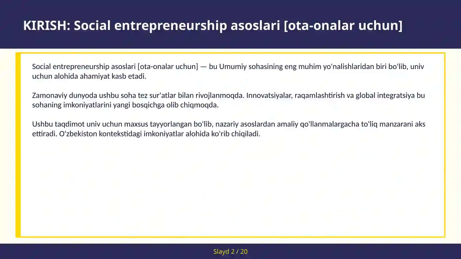 SOCIAL ENTREPRENEURSHIP ASOSLARI [OTA-ONALAR UCHUN] 2