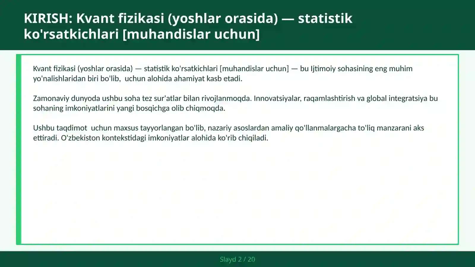 Kvant fizikasi (yoshlar orasida) — statistik ko'rsatkichlari [muhandislar uchun] 2