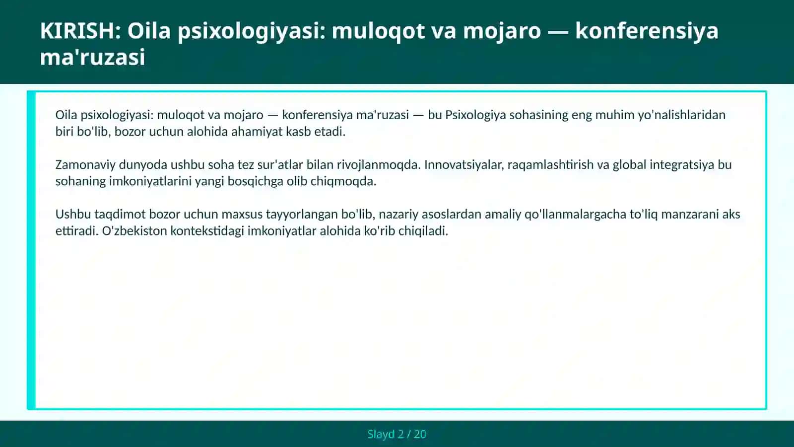 Oila psixologiyasi: muloqot va mojaro — konferensiya ma'ruzasi 2