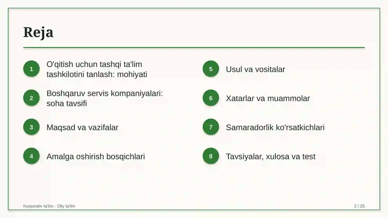boshqaruv servis kompaniyalarida o'qitish uchun tashqi ta'lim tashkilotlarini tanlash 9074 2