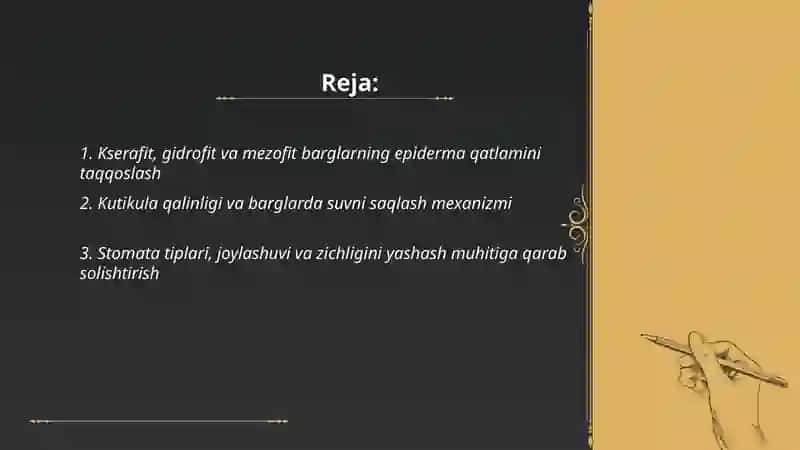 Turli yashash muhtidagi(kserafit,gidrofit,mezofit) barglarning tuzilishini solishtirish 2