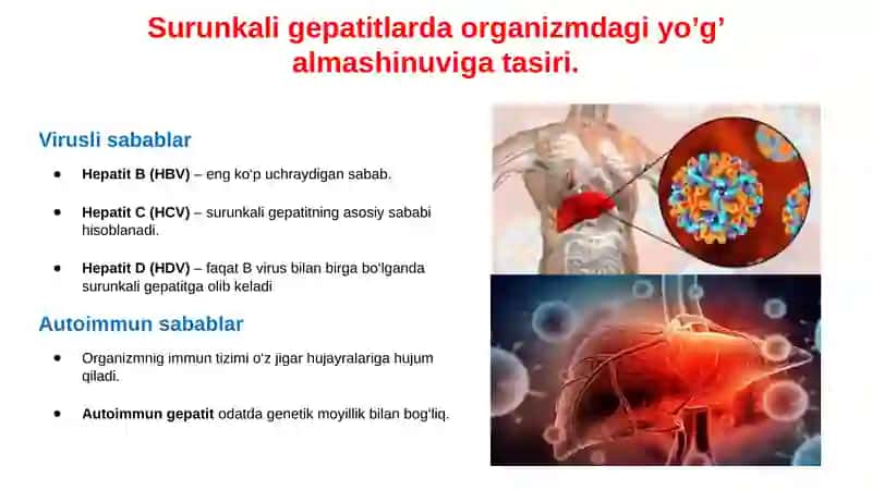 Surunkali gepatitlar. Xolesistitlarda yog'lar hazmlanishini buzilishi(steatoreya). Yog' kislotalarini alfa va Omega-oksidlanishi, ahamiyati, buzilishlari. Geteropolisaxaridlarni ontogenez va kasalliklarda o'zgarishi. 2
