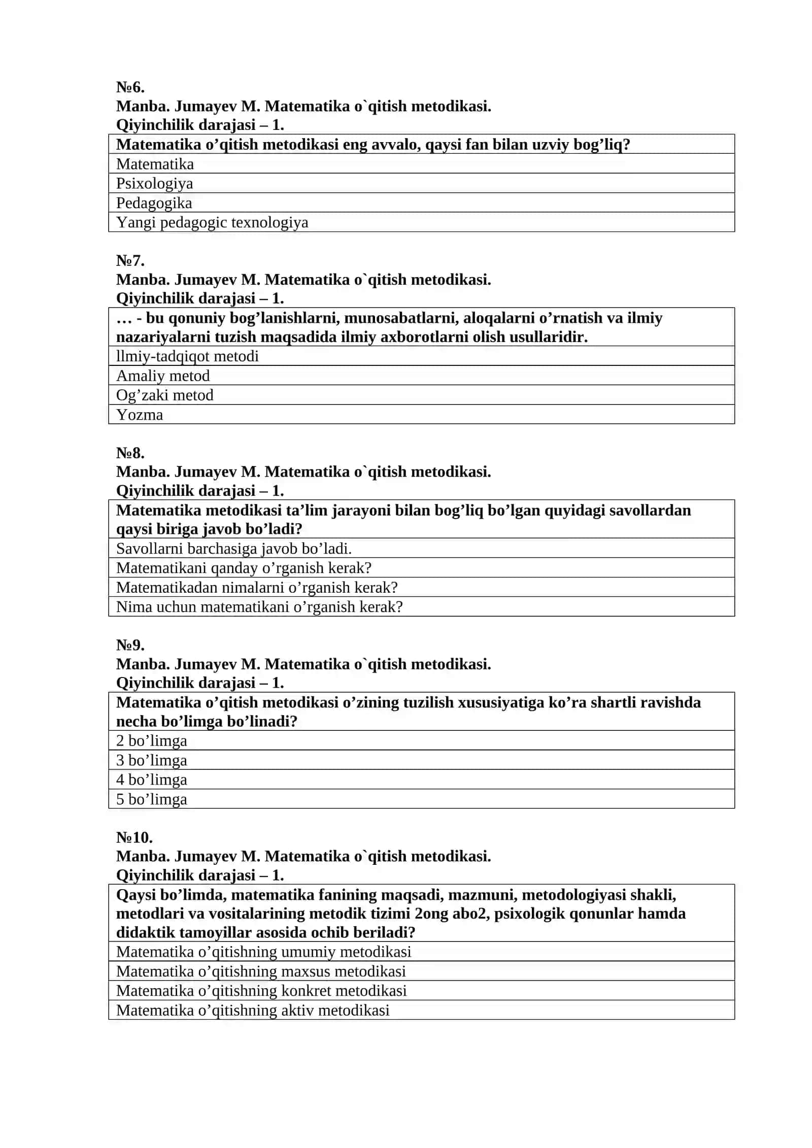 MAGISTRATURA UCHUN “BOSHLANG’ICH TA’LIM VA SPORT, TARBIYAVIY ISH” TA’LIM YO’NALISHI TALABALARI UCHUN “MАTЕMАTIKА O’QITISH METODIKASI” FАNIDАN TEST TOPSHIRIQLARI 2