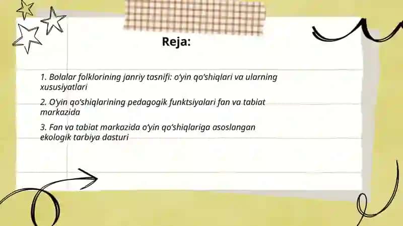 Bolalar folklorining janrlari. Oʻyin qoʻshiqlari. Fan va tabiat markazida 2