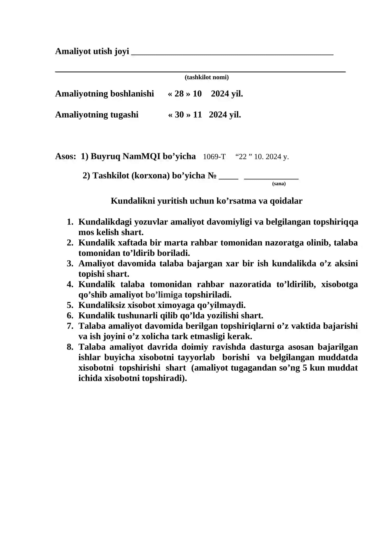 MUHANDISLIK-QURILISH INSTITUTI  amaliyot Kundaligi 2