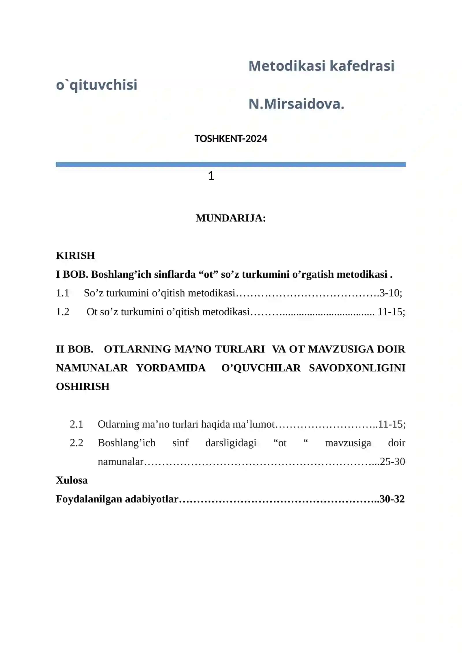 ONA TILI VA UNI O’QITISH METODIKASI FANIDAN KURS ISHI 2