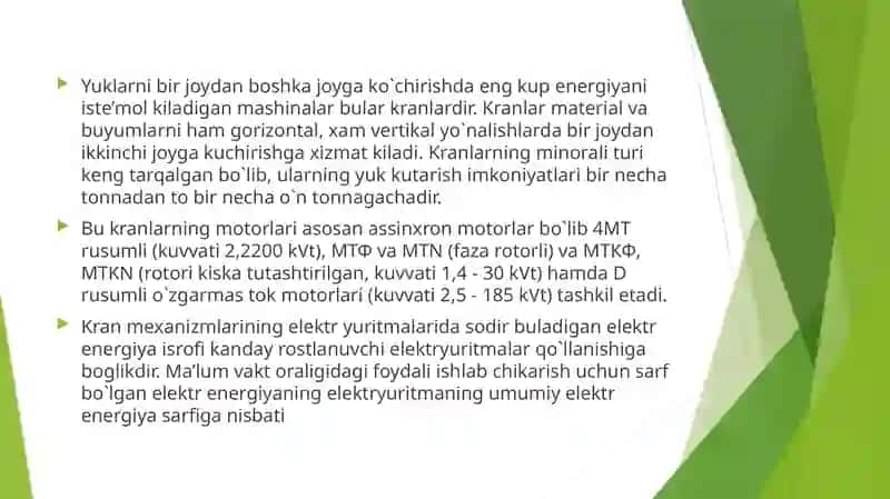 Kranlarni ishlatishda elektr energiya tejamkorligiga erishish 2