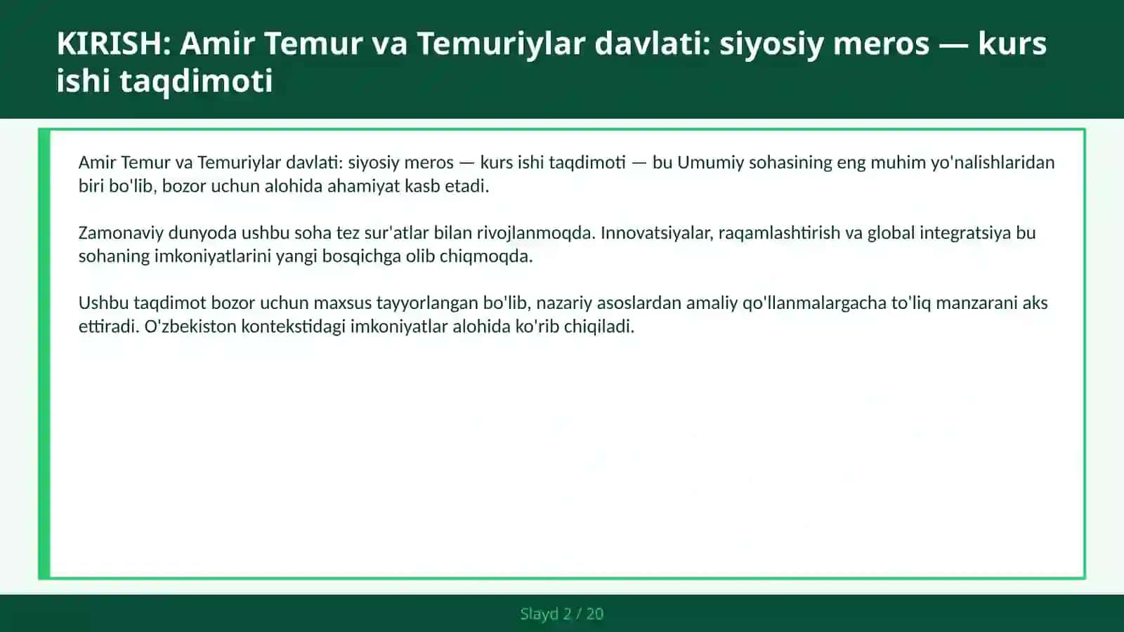 AMIR TEMUR VA TEMURIYLAR DAVLATI: SIYOSIY MEROS — KURS ISHI TAQDIMOTI 2