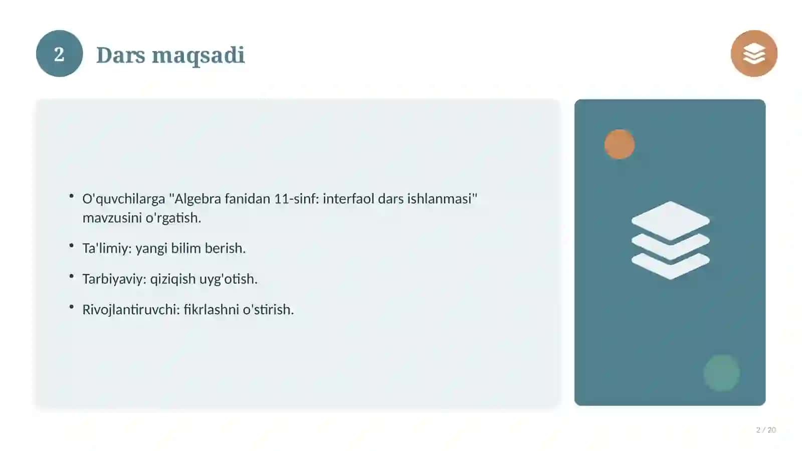 Algebra fanidan 11-sinf: interfaol dars ishlanmasi 2