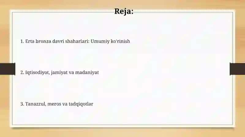 Bronza davri ilk shaharlari (Oltin tepa, Gonur, Jarqoʻton, Dashli va boshqalar) 2