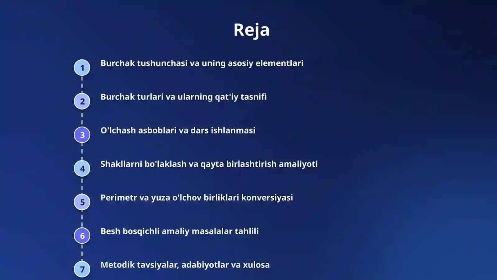 Burchak turlari (to‘g‘ri, o‘tkir, o‘tmas, yoyiq) va ularni aniqlash usullarini 2