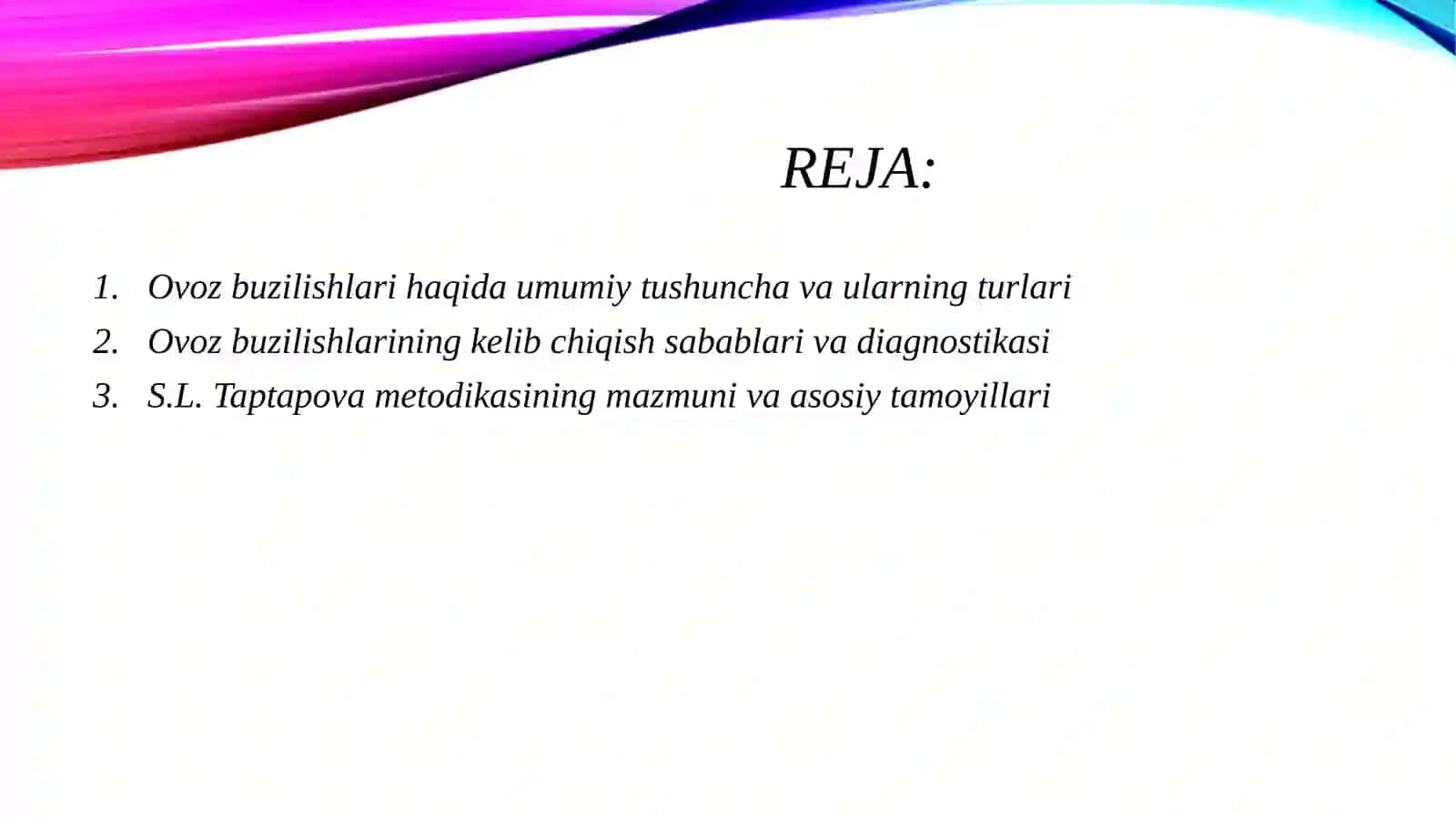 Ovoz buzilishlarini bartaraf etishda S.L.Taptapova metodikasini adabiyotlardan foydalangan holda konspekt qiling. 2