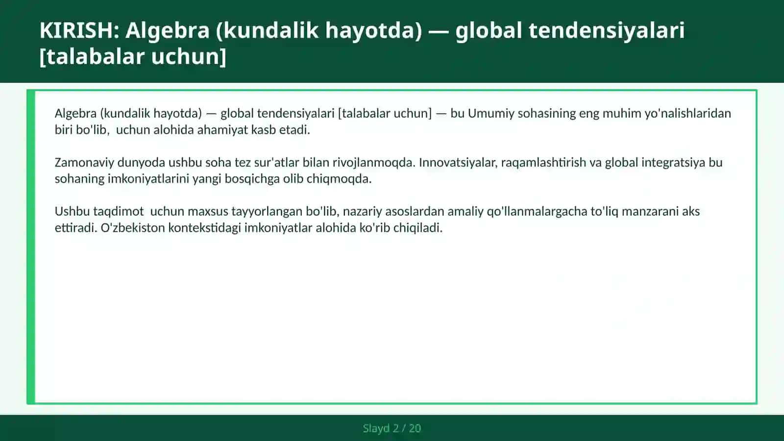 Algebra (kundalik hayotda) — global tendensiyalari [talabalar uchun] 2