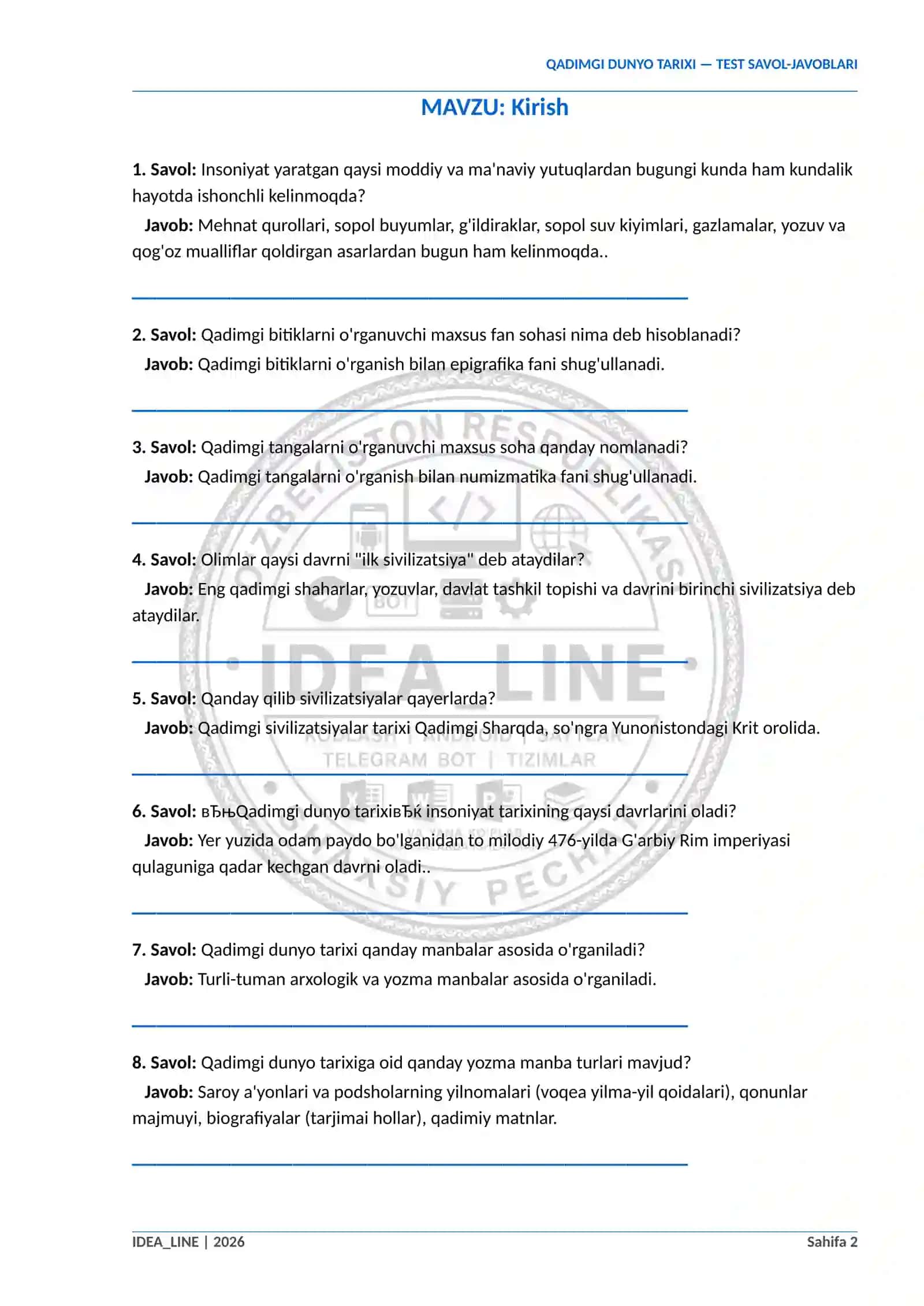 QADIMGI DUNYO TARIXI QADIMGI DUNYO TARIXI — TEST SAVOL-JAVOBLARI 2