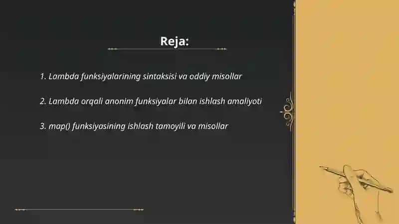 Funksional Dasturlash Elementlari: lambda, map, filter, reduce funksiyalarining qo'llanilishi 2