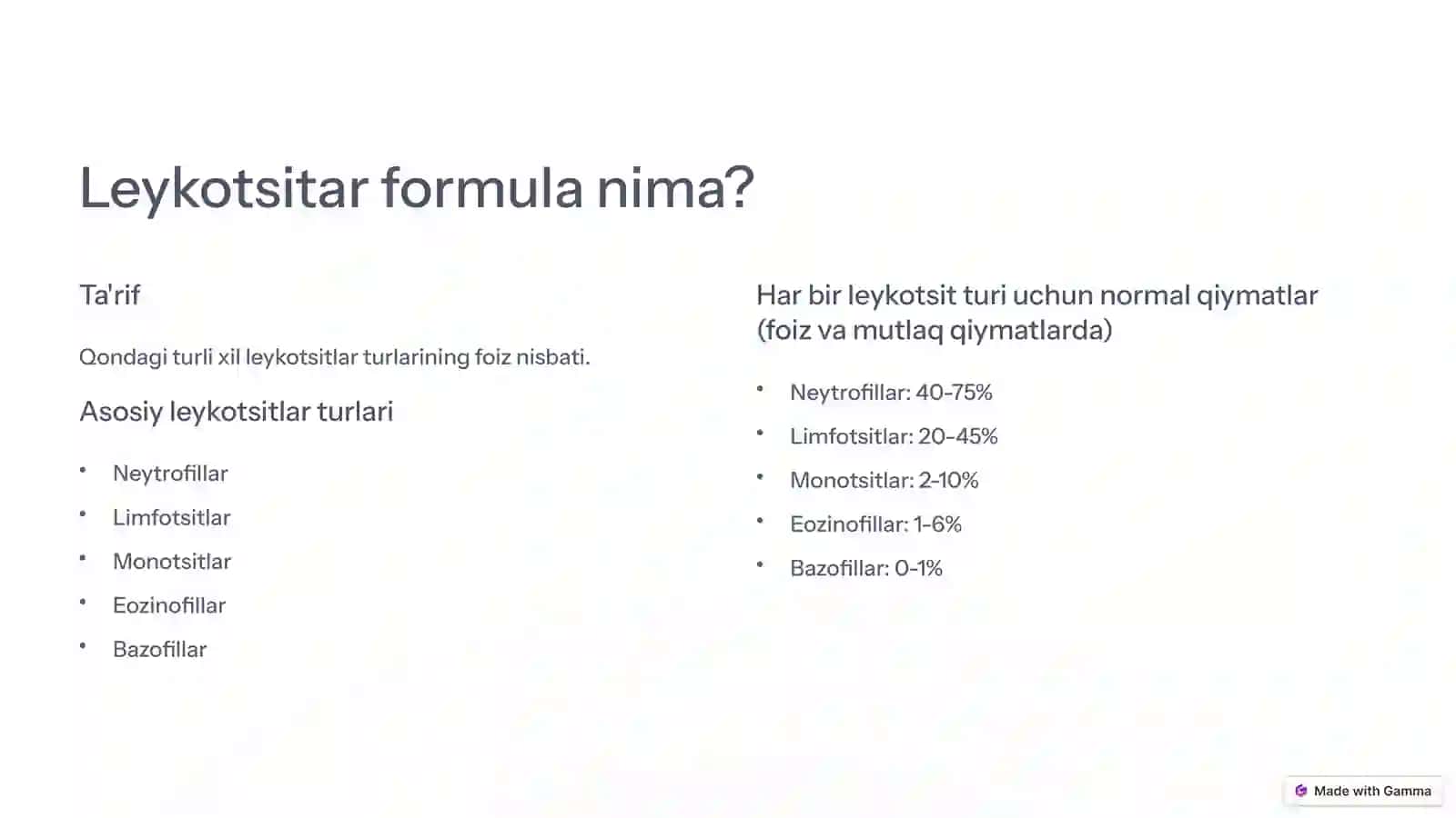 Leykotsitar formulasi: turli
xil kasalliklarda oʻzgarishlar
va uning diagnostik
ahamiyati 2