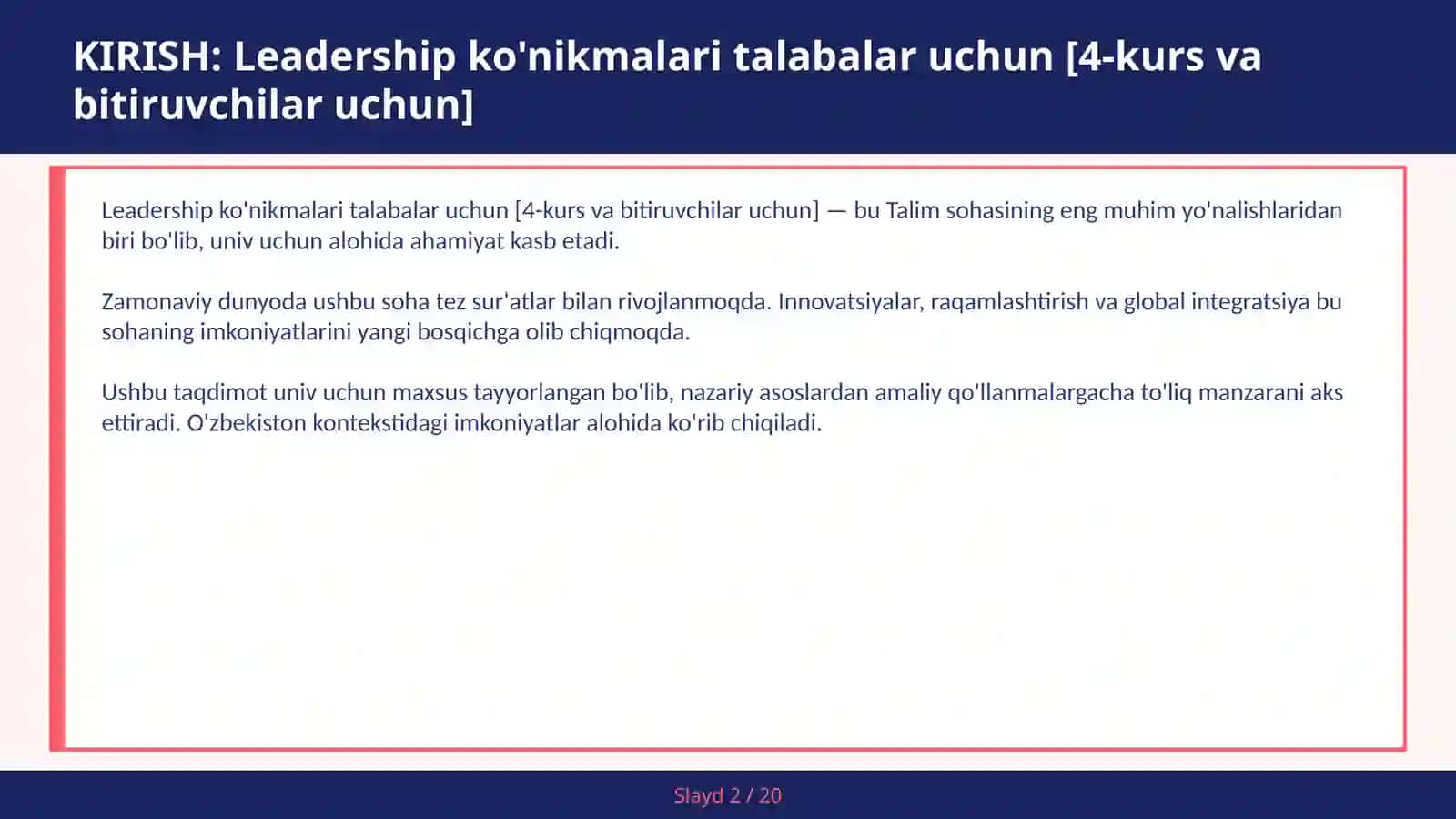 Leadership ko'nikmalari talabalar uchun [4-KURS VA BITIRUVCHILAR UCHUN] 2