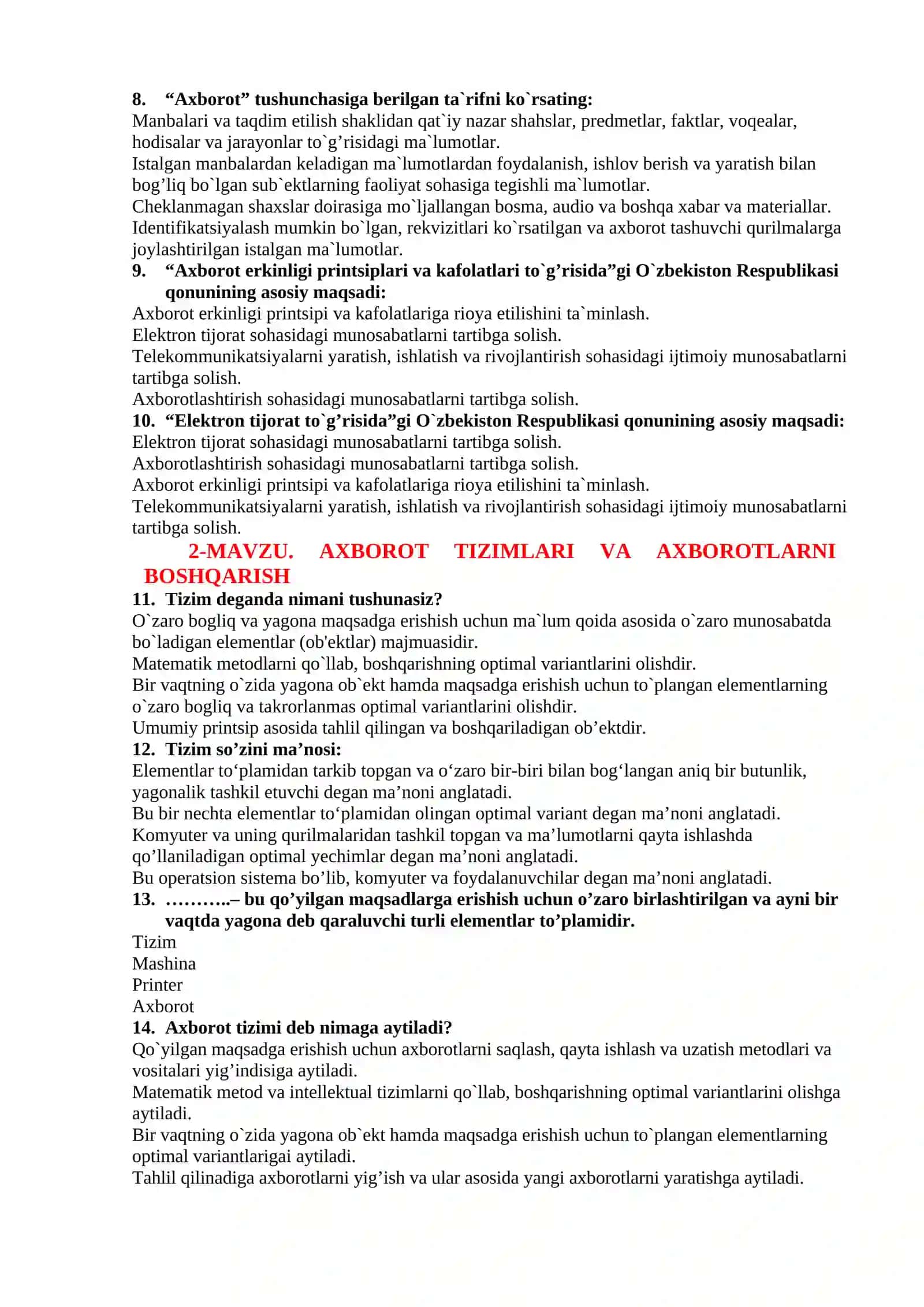 “AXBOROT TEXNOLOGIYALARI” FANIGA KIRISH 2