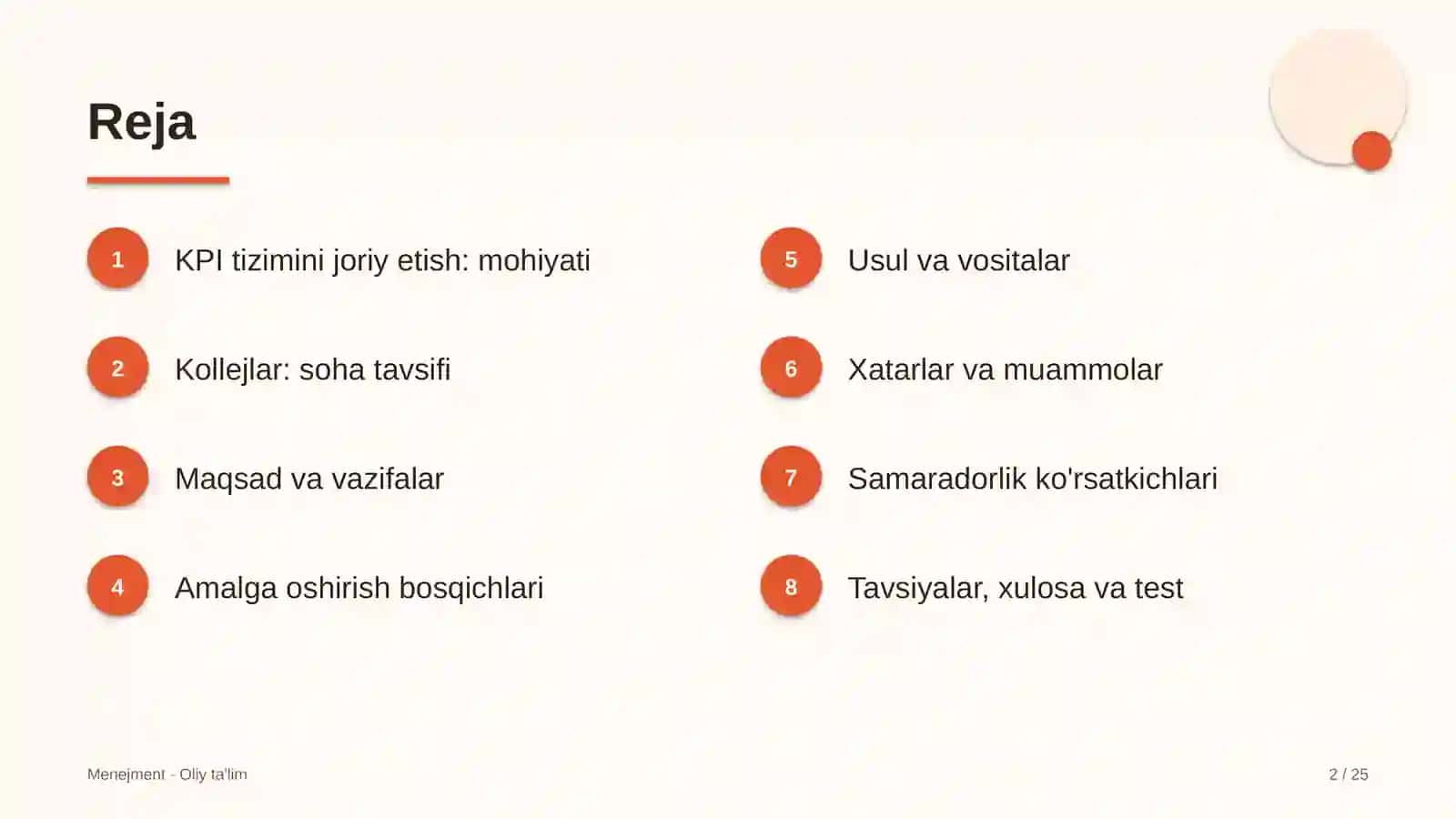 Kollejlarda asosiy samaradorlik ko'rsatkichlarini (KPI) joriy etish 2