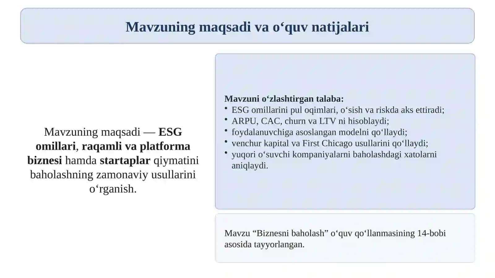 ESG omillari, raqamli biznes, platforma kompaniyalari va startaplarni baholash 2