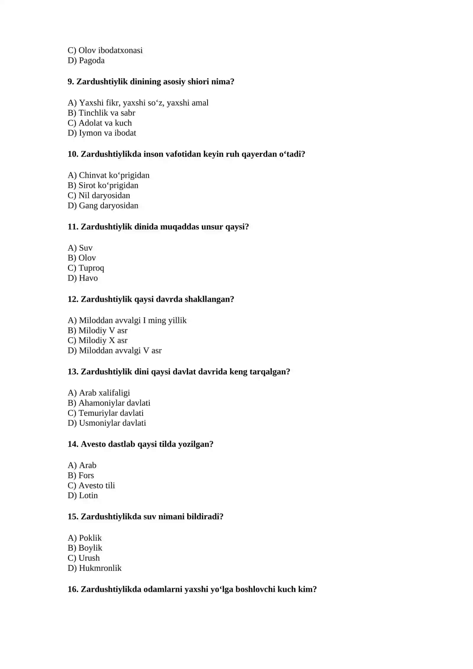 Zardushtiylik dini (Test) 2