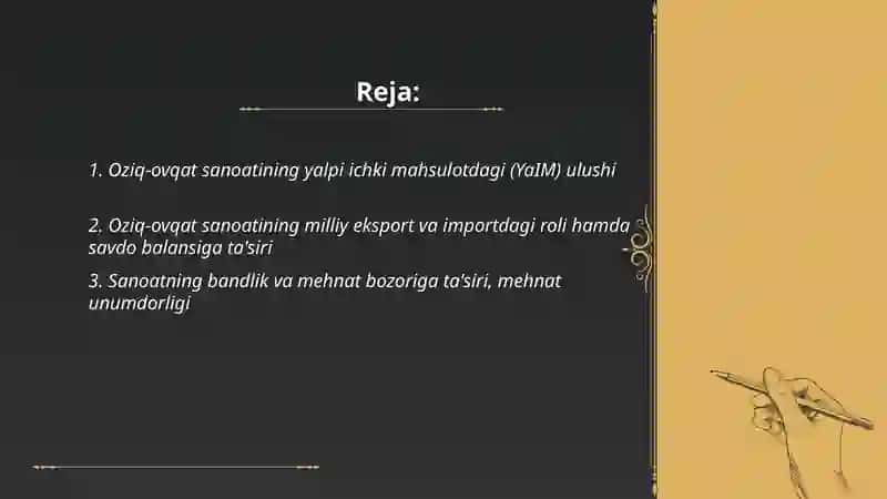 Oziq-ovqat sanoatining milliy iqtisodiyoti va uning makroiqtisodiyot koʻrsatkichi 2