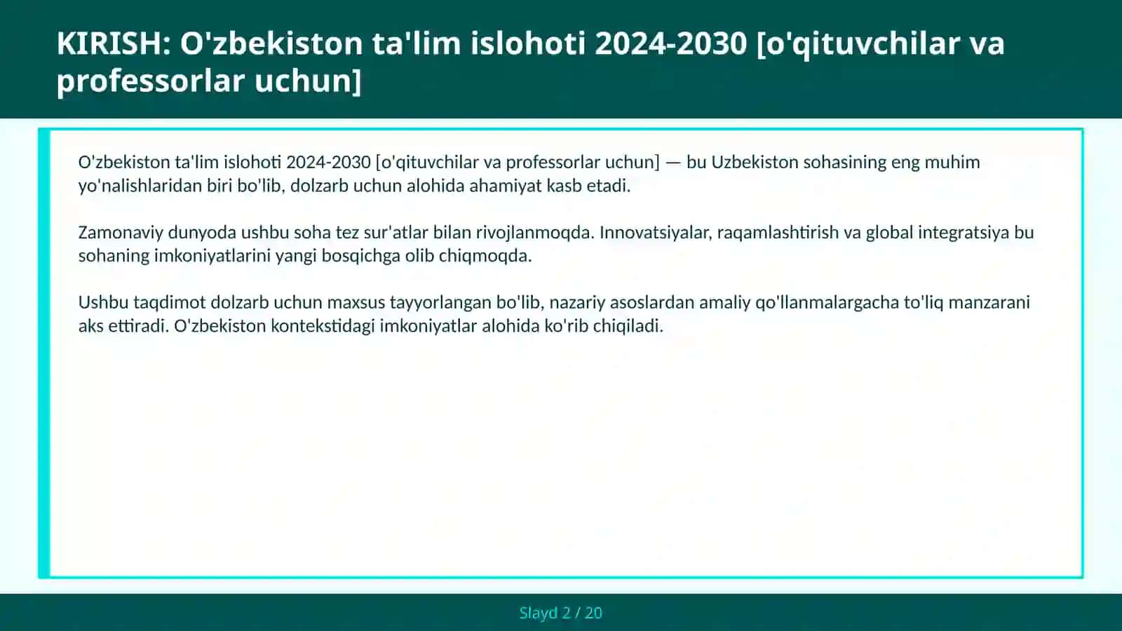 O'zbekiston ta'lim islohoti 2024-2030 [o'qituvchilar va professorlar uchun] 2