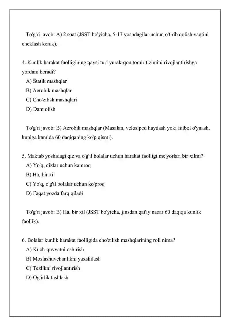 Maktab yoshidagi bolalar harakat faolligi me'yorlari test 2