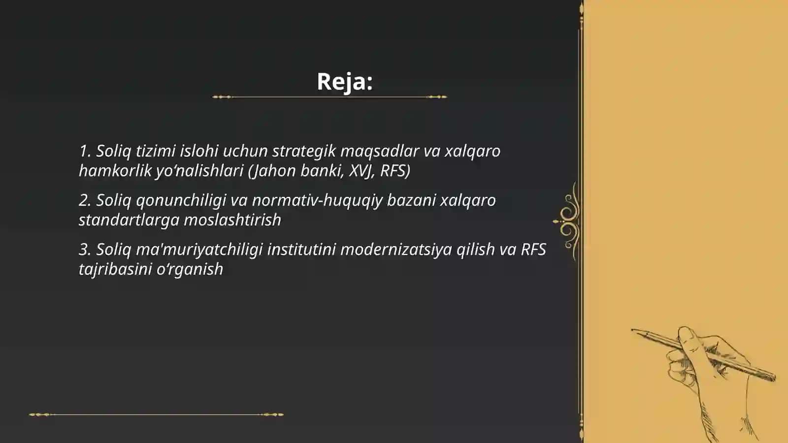 O‘zbekiston Respublikasi Hukumatining soliq tizimi islohi yuzasidan Jahon banki bilan, Xalqaro valyuta jamg‘armasi bilan hamda Rossiya Federatsiyasi Federal soliq xizmati bilan o‘zaro hamkorligining maqsadi, vazifalari va yo‘nalishlari 2