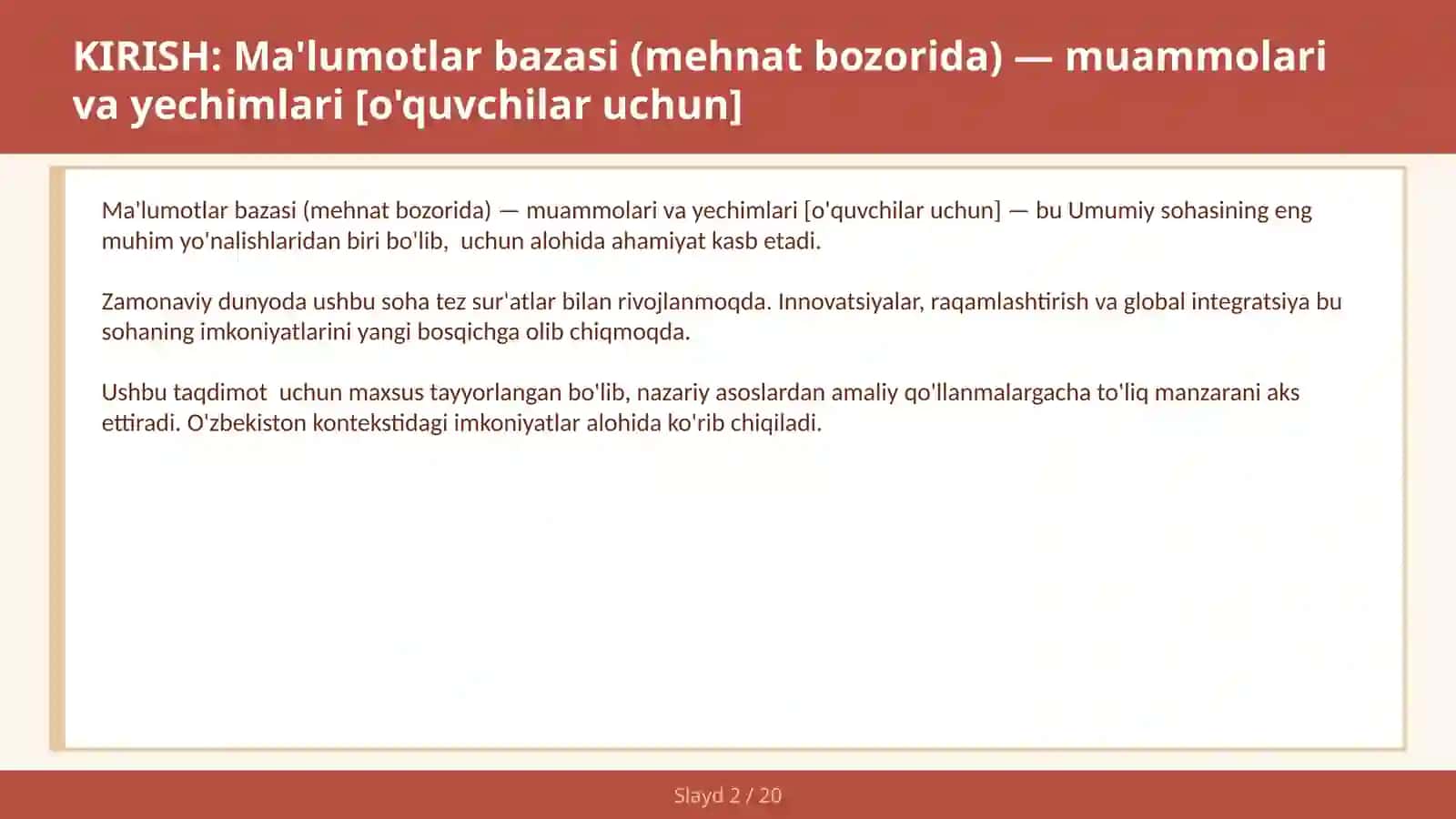 Ma'lumotlar bazasi (mehnat bozorida) — muammolari va yechimlari [o'quvchilar uchun] 2