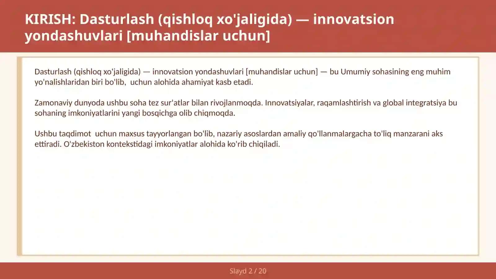 Dasturlash (qishloq xo'jaligida) — innovatsion yondashuvlari [muhandislar uchun] 2