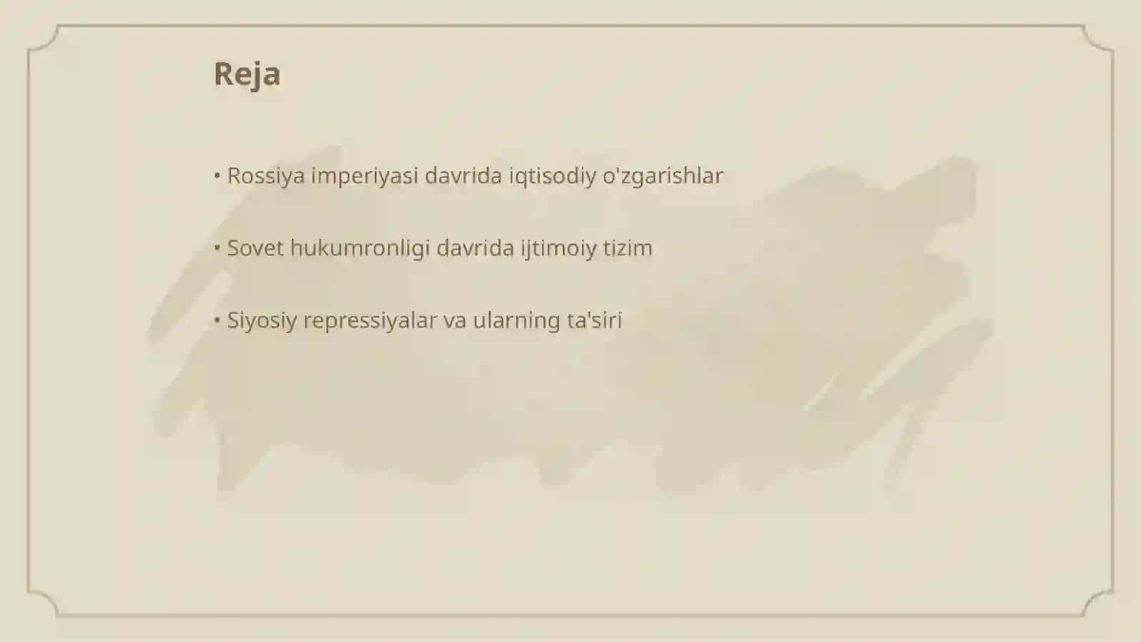 Rossiya imperiyasi va sovet hukumronligi davrida oʻlkadagi Ijtimoiy - iqtisodiy, siyosiy va maʼnaviy jarayonlar 2