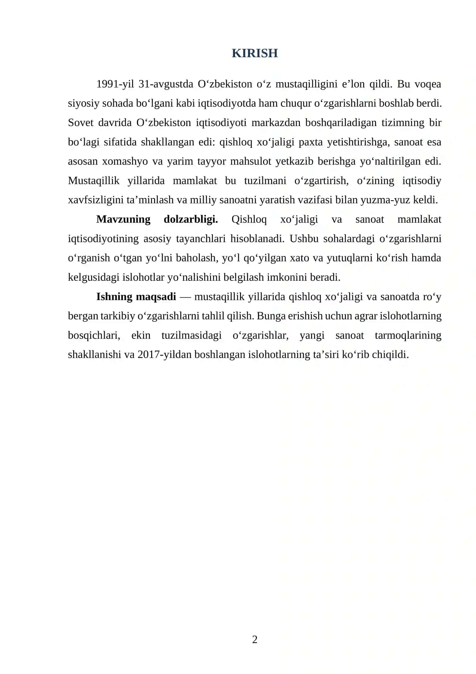 MUSTAQILLIK YILLARIDA QISHLOQ XO‘JALIGI VA SANOAT SOHASIDAGI O‘ZGARISHLAR 2