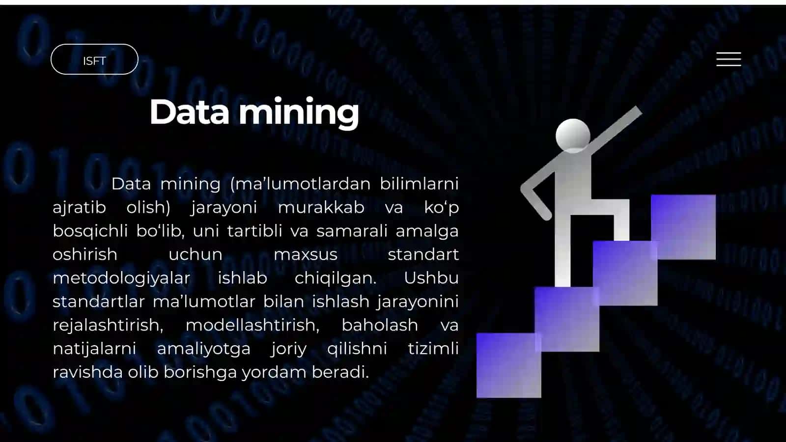 DATA MINING-NING STANDARTLARI. MAʼLUMOTNI VIZUAL TAQDIM ETISH USULLARI. PROGNOZLASH VA VIZUALIZATSIYA MISOLLAR 2