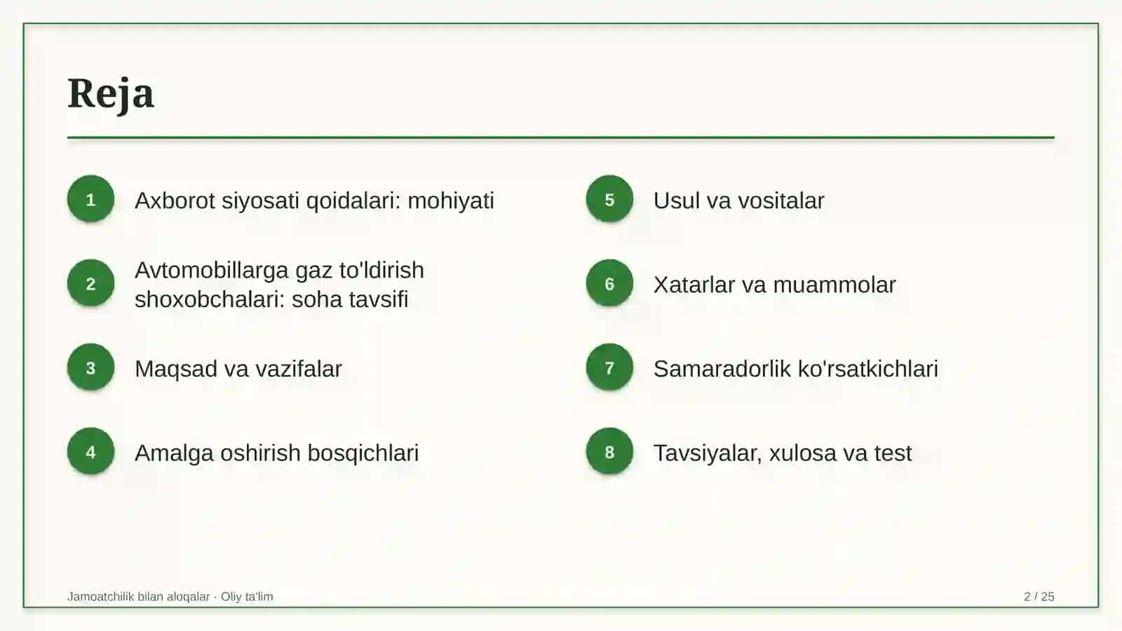 Avtomobillarga gaz to'ldirish shoxobchalarida axborot siyosati qoidalarini ishlab chiqish 2