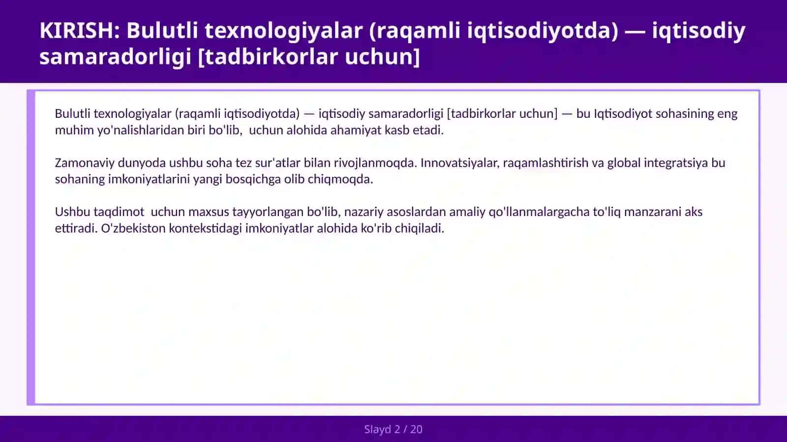 Bulutli texnologiyalar (raqamli iqtisodiyotda) — iqtisodiy samaradorligi [tadbirkorlar uchun] 2