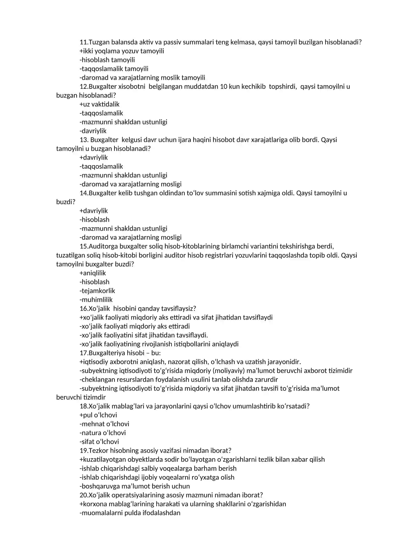 Buxgalteriya hisobi va audit ta’lim yo’nalishi yakuniy test savollari 2