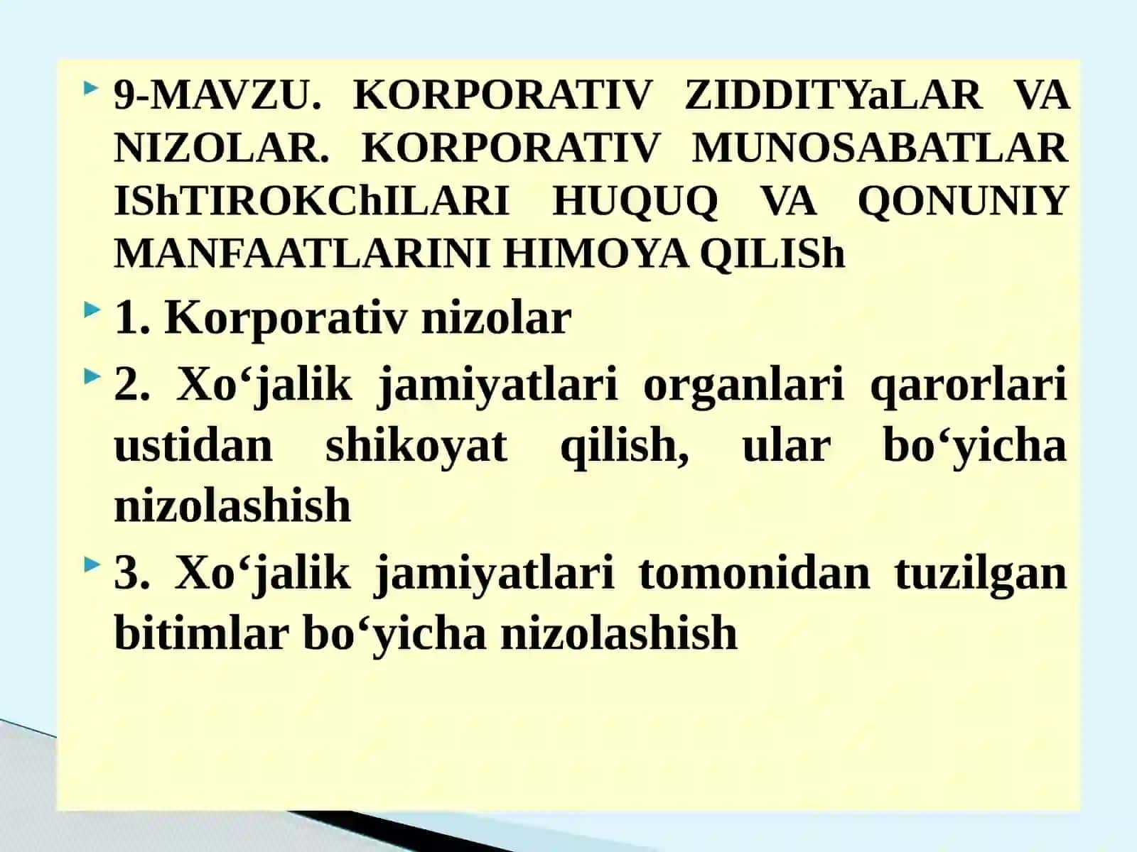 KORPORATIVZIDDITYaLARVA NIZOLAR. KORPORATIV MUNOSABATLARIShTIROKChILARIHUQUQ VA QONUNIY MANFAATLARINIHIMOYaQILISh 2
