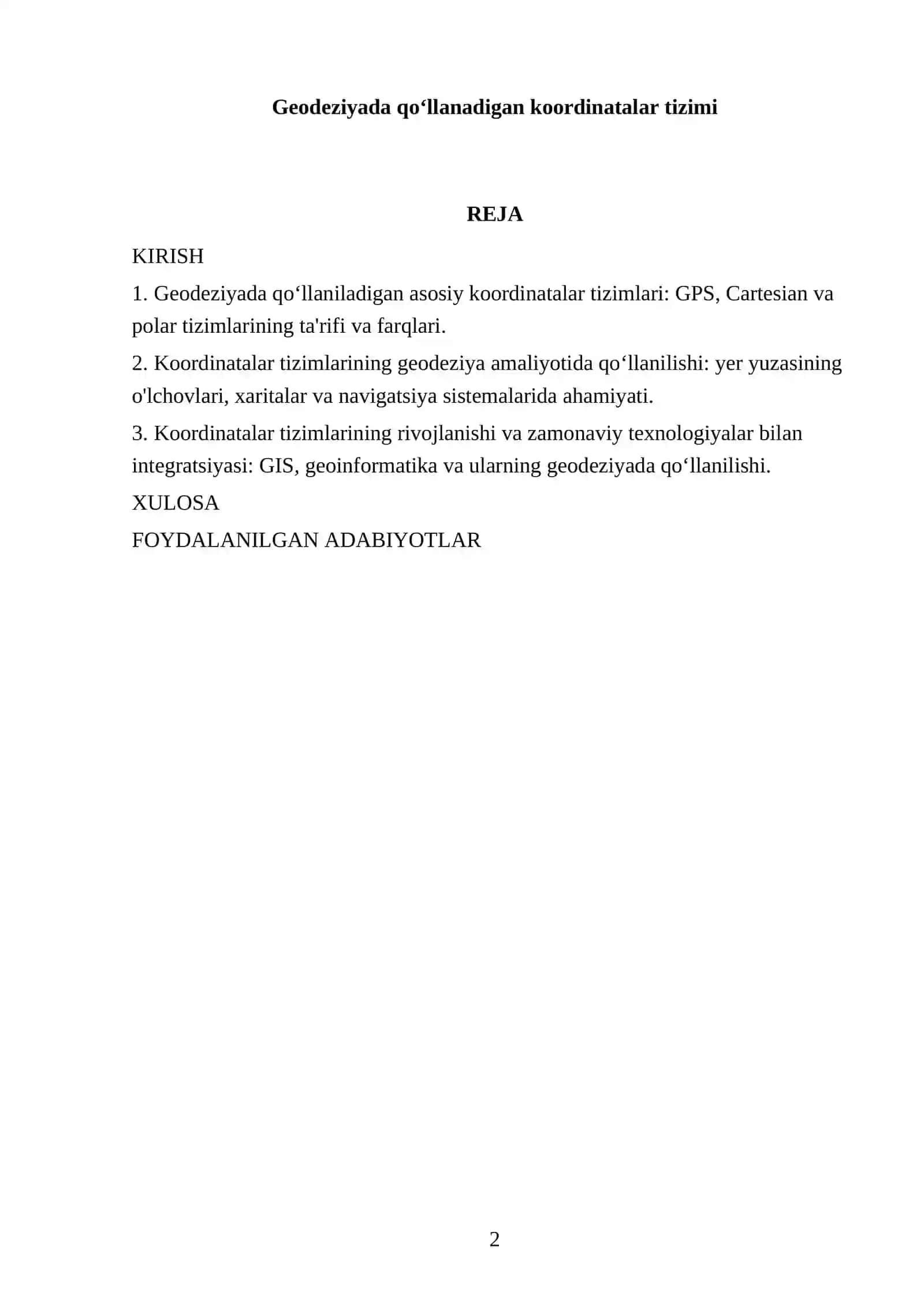 Geodeziyada qoʻllanadigan koordinatalar tizimi 2