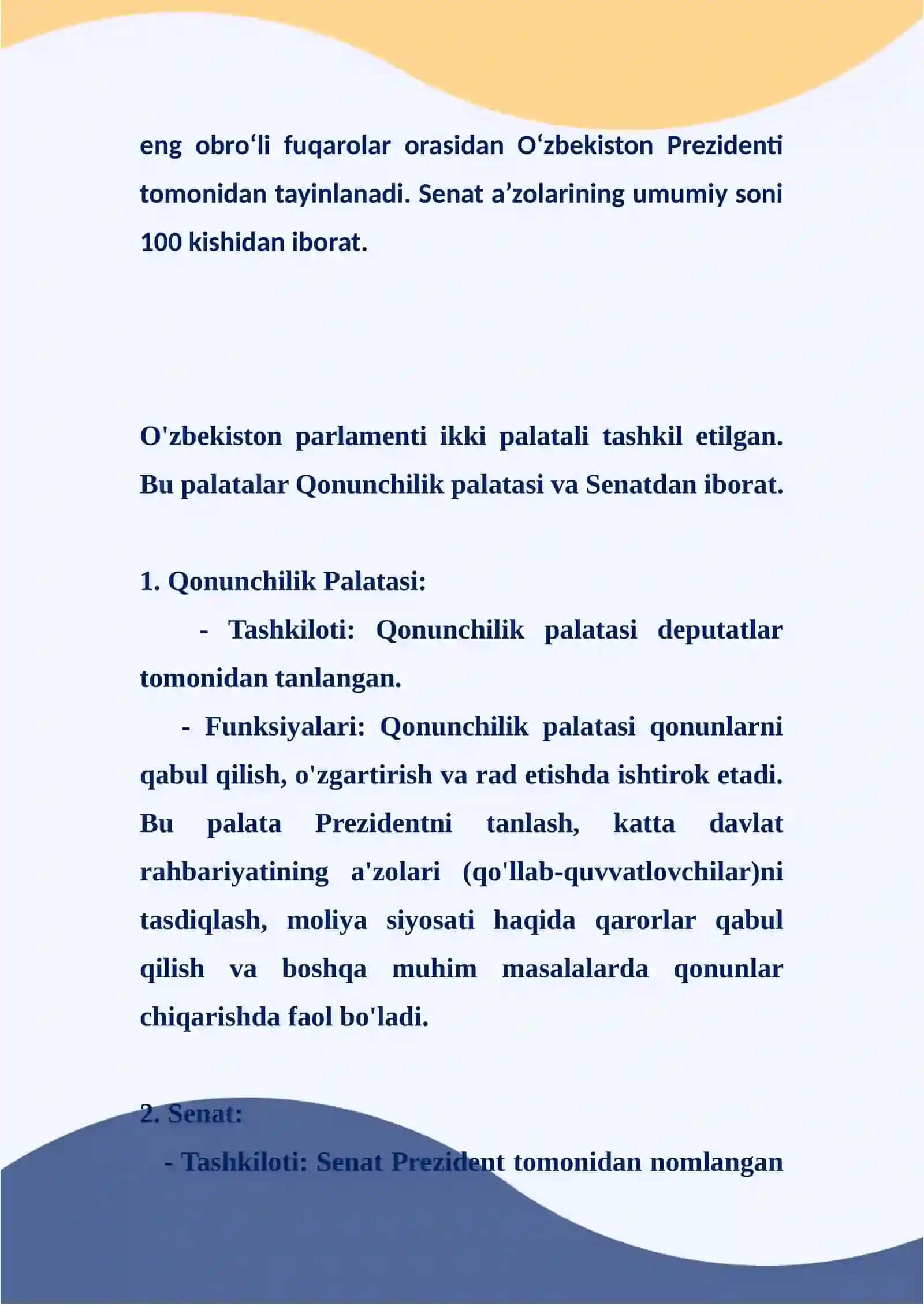 O’zbekistonda 2palatali parlamentni shakllanishi, qonunchilik palatasi va senat faoliyati 2